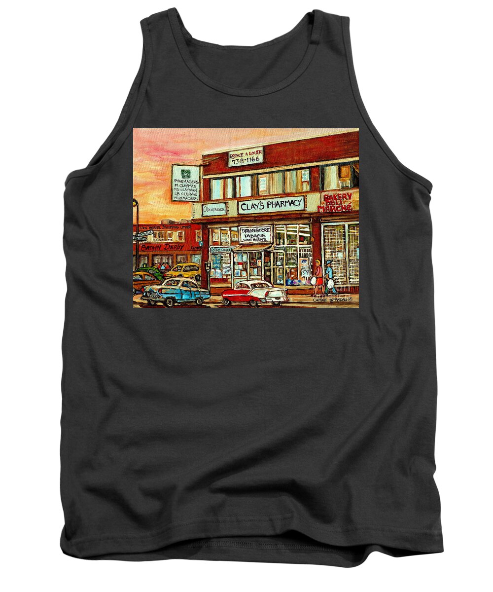 Montreal Tank Top featuring the painting Brown Derby Van Horne Shopping Center Clay's Pharmacy Montreal Paintings City Scenes Carole Spandau by Carole Spandau