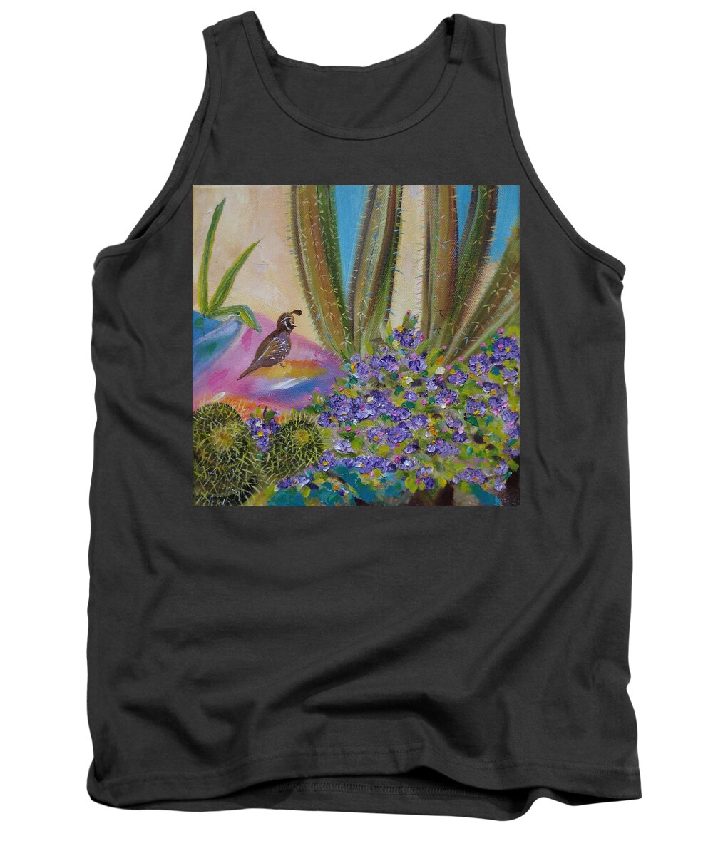 Southwestern Tank Top featuring the painting Cactus and Quail by Judith Rhue