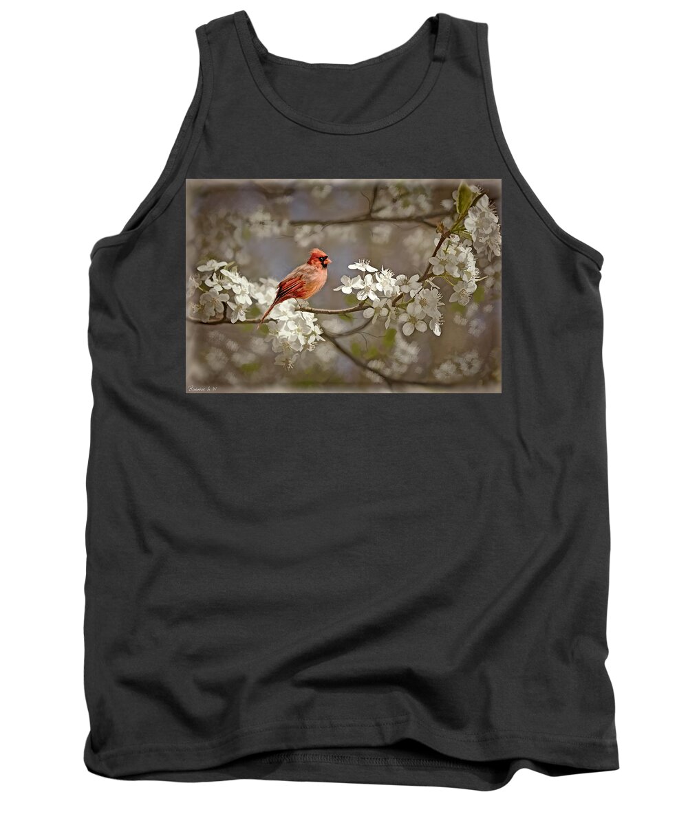 Cardinal Tank Top featuring the photograph Cardinal and Blossoms by Bonnie Willis