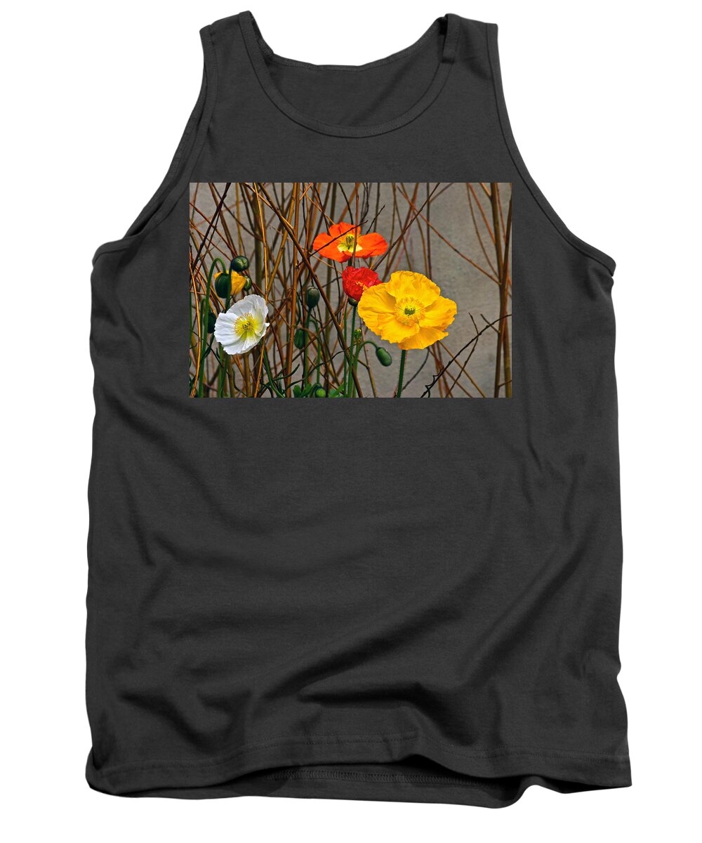Red Yellow Orange White Poppies Tank Top featuring the photograph Colorful Poppies And White Willow Stems by Byron Varvarigos