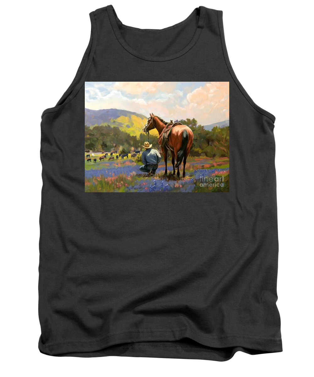 Cowboy Tank Top featuring the painting Cowboy and his cows by Tim Gilliland