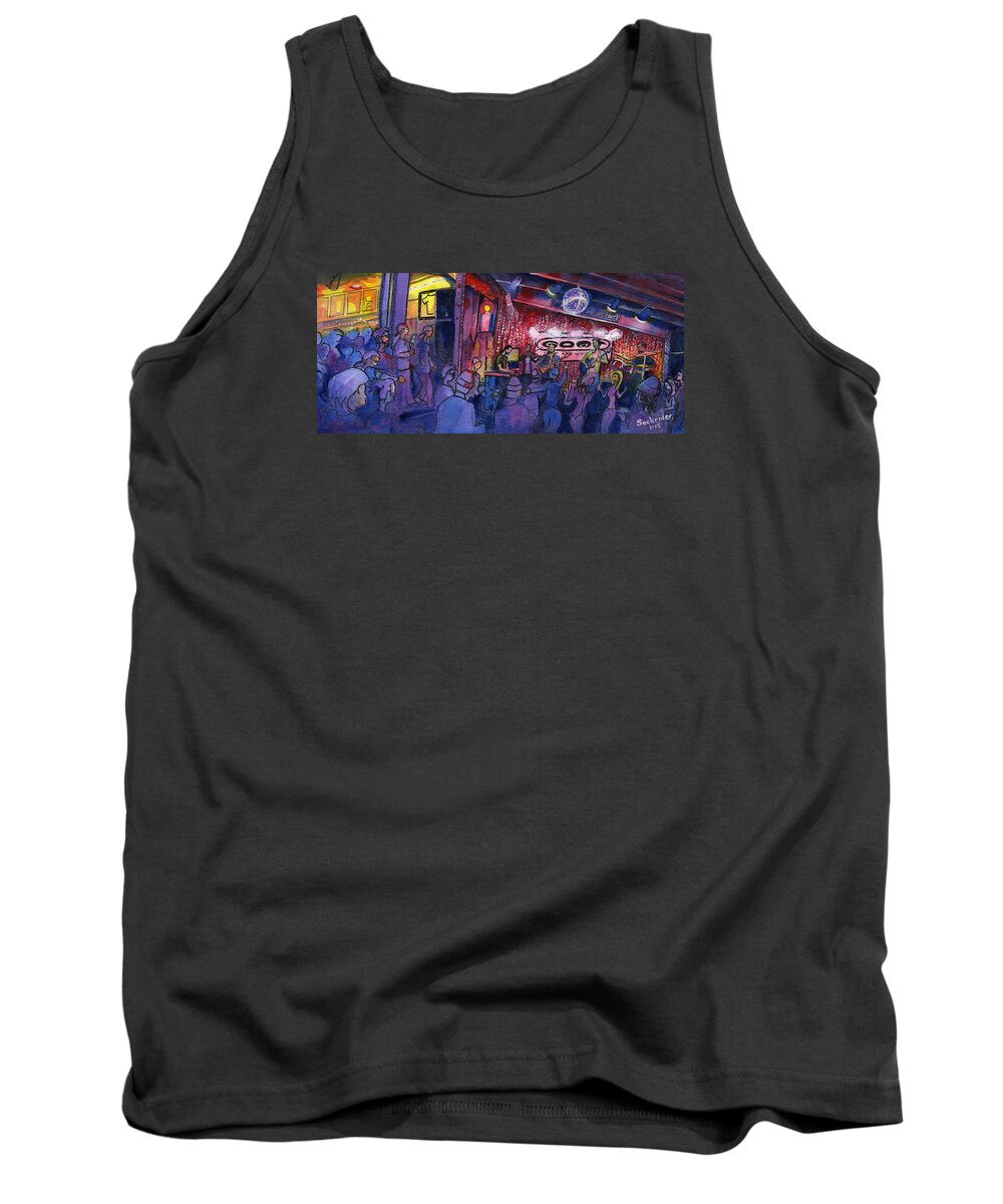 Dewey Paul Tank Top featuring the painting Dewey Paul Band at the Goat by David Sockrider