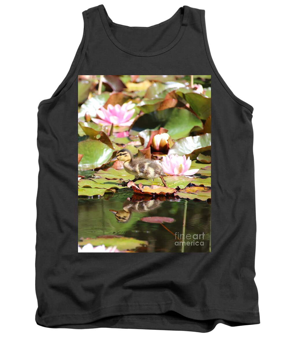 Ducklings Tank Top featuring the photograph Duckling running over the Water Lilies 2 by Amanda Mohler
