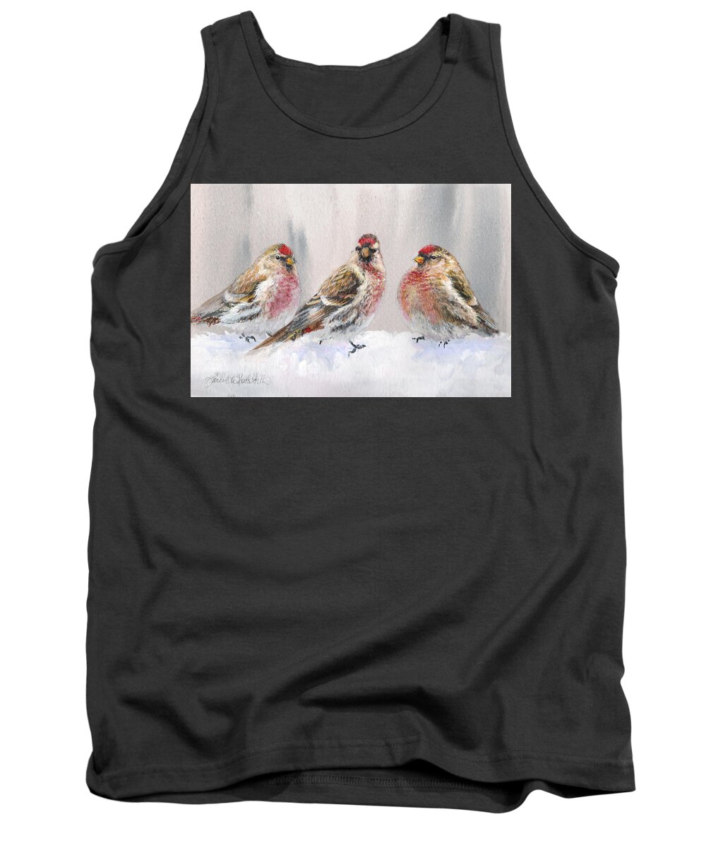 Bird Art Tank Top featuring the painting Snowy Birds - Eyeing The Feeder 2 Alaskan Redpolls In Winter Scene by K Whitworth