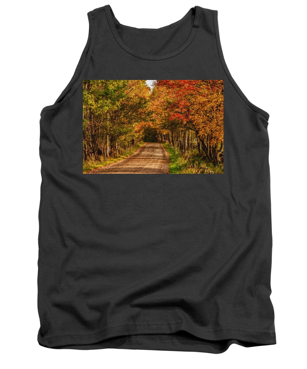 Peacham Vermont Tank Top featuring the photograph Fall color along a dirt backroad by Jeff Folger