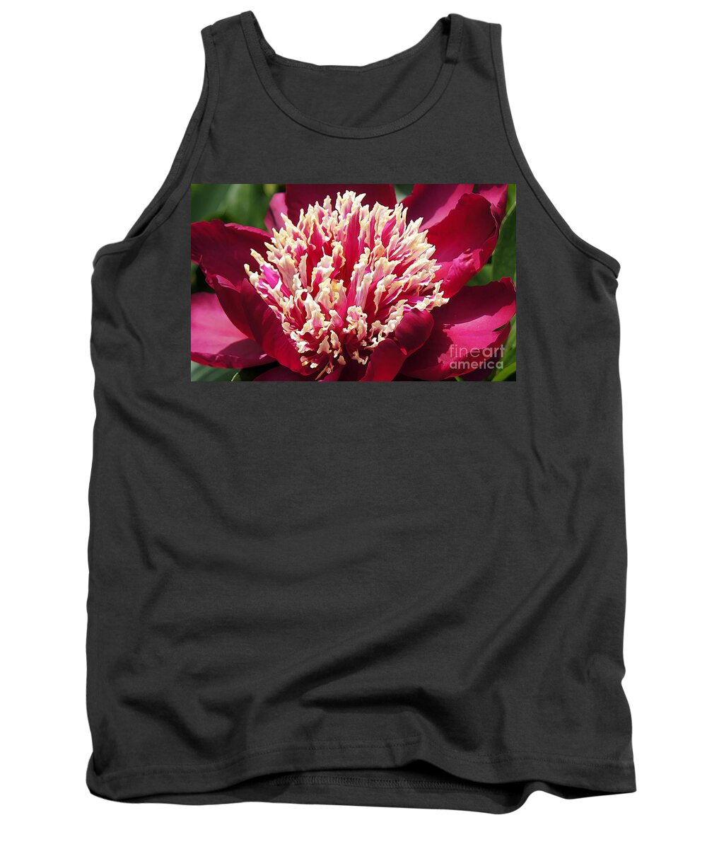 Red Tank Top featuring the photograph Flaming Peony by Lilliana Mendez