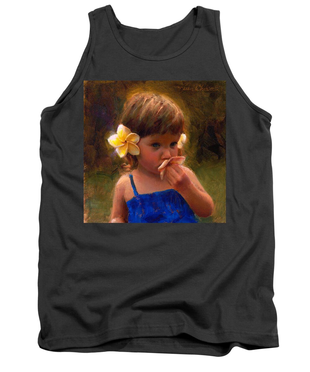 Plumeria Tank Top featuring the painting Flower Girl - Tropical Portrait with Plumeria Flowers by K Whitworth