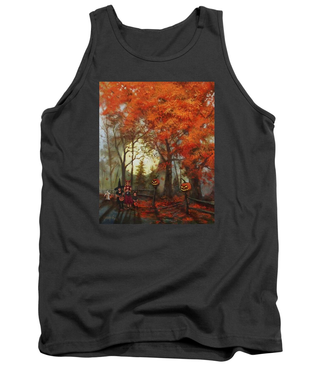  Autumn Tank Top featuring the painting Full Moon on Halloween Lane by Tom Shropshire