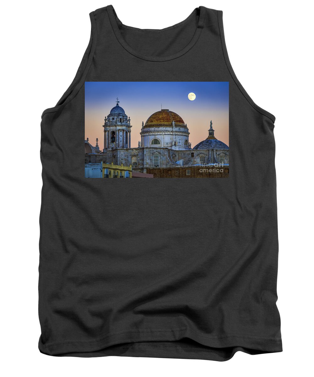 Andalucia Tank Top featuring the photograph Full Moon Rising Over the Cathedral Cadiz Spain by Pablo Avanzini