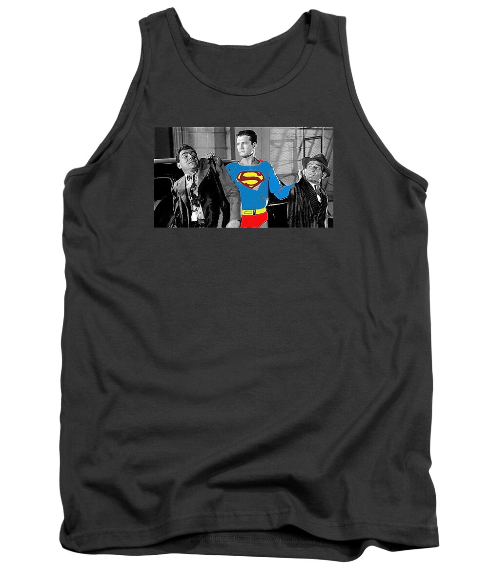 George Reeves As Superman In His 1950's Tv Show Apprehending Two Bad Guys 1953-2010 Tank Top featuring the photograph George Reeves as Superman in his 1950's TV show apprehending two bad guys 1953-2010 by David Lee Guss