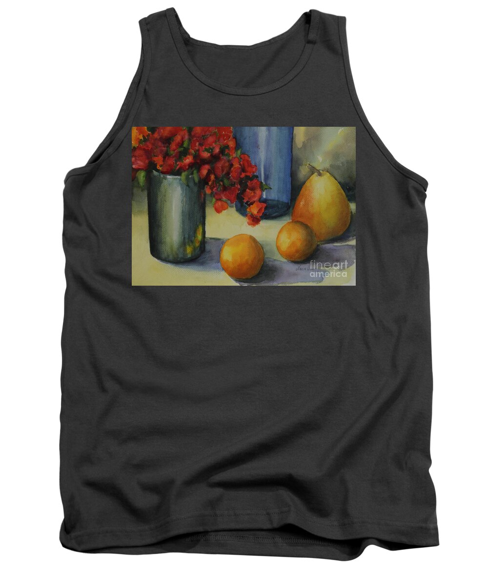 Pewter Vase Tank Top featuring the photograph Geraniums with Pear and Oranges by Maria Hunt