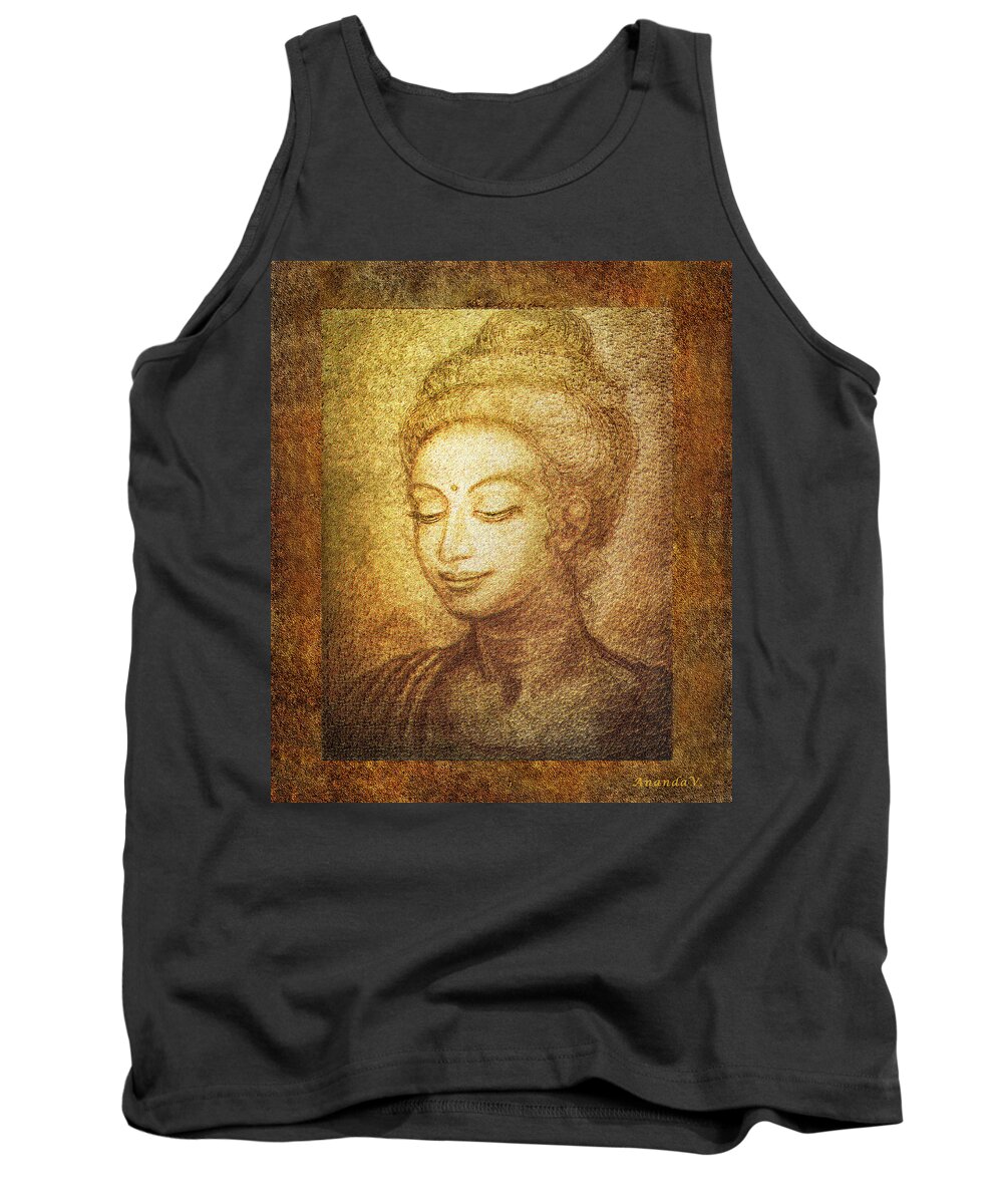 Buddha Tank Top featuring the mixed media Golden Buddha by Ananda Vdovic