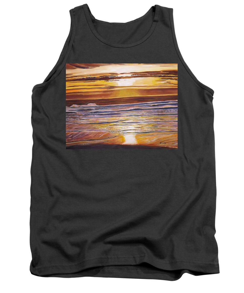 The Golden Beauty Of The Sun Reflecting On The Ocean In This Coastal Scene. Tank Top featuring the painting Golden Coast by Richard Nowak