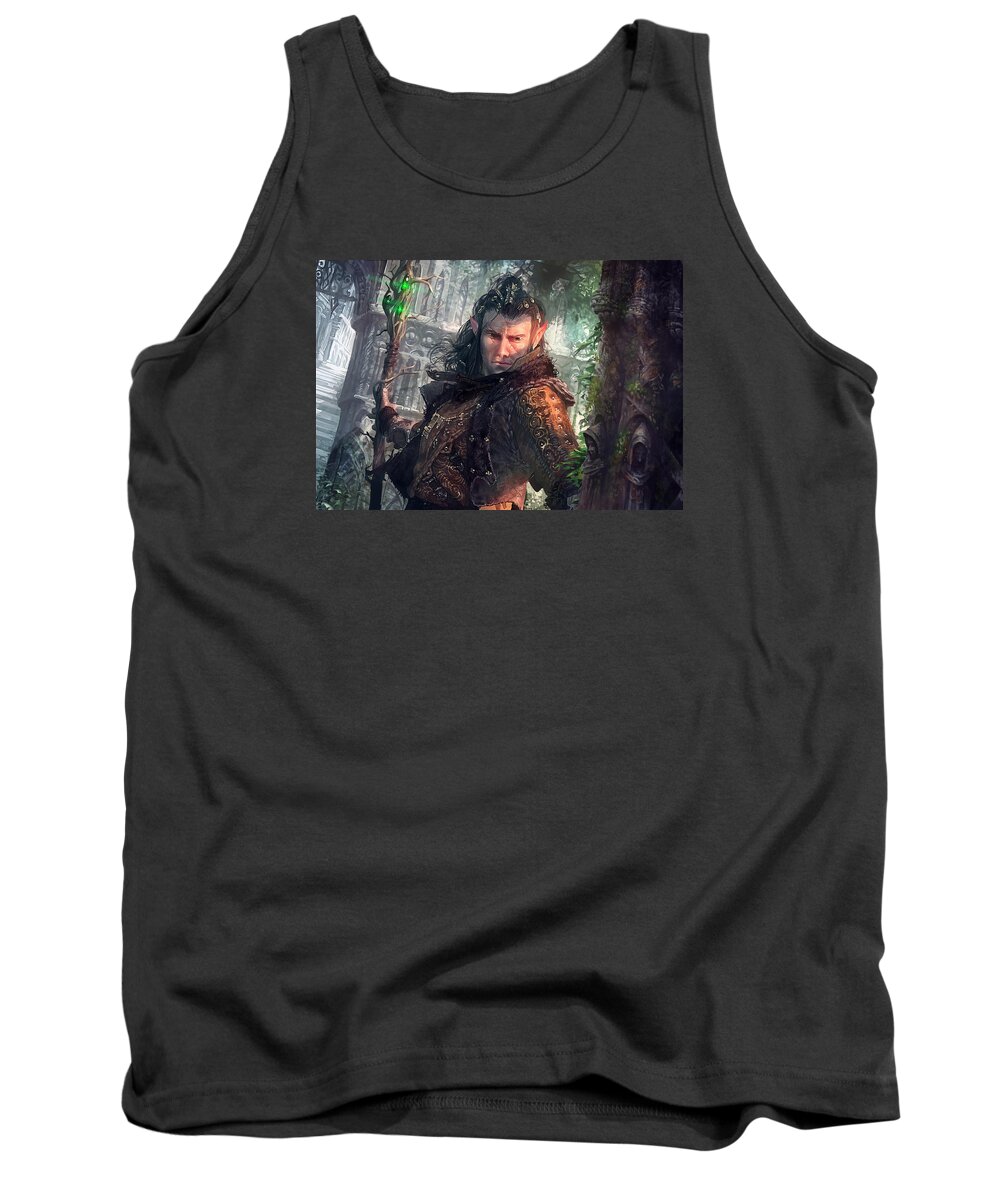 Magic The Gathering Tank Top featuring the digital art Greenside Watcher by Ryan Barger
