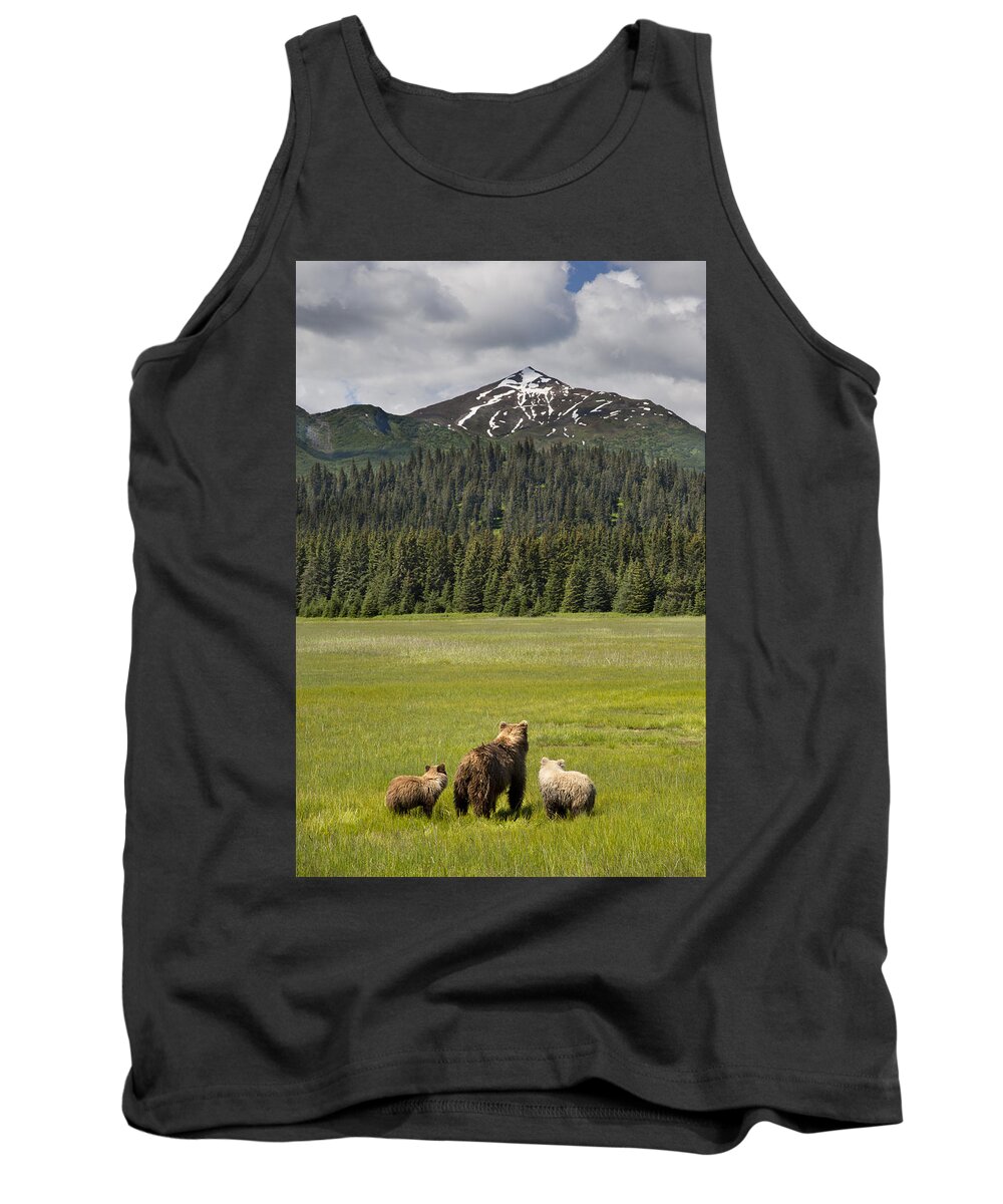 Richard Garvey-williams Tank Top featuring the photograph Grizzly Bear Mother And Cubs In Meadow by Richard Garvey-Williams