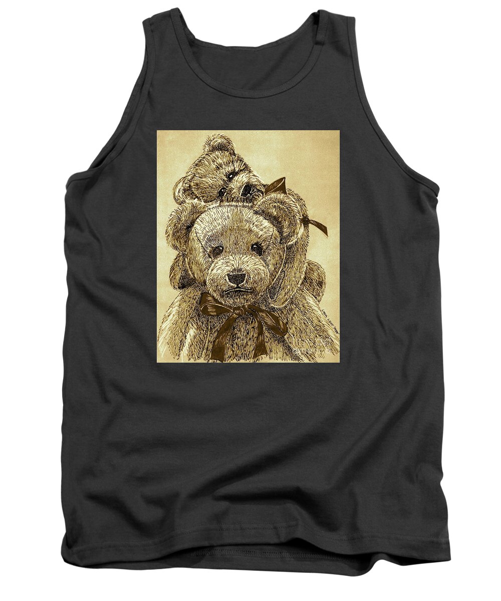 Bear Tank Top featuring the drawing Jared's Bears Sepia by Linda Simon