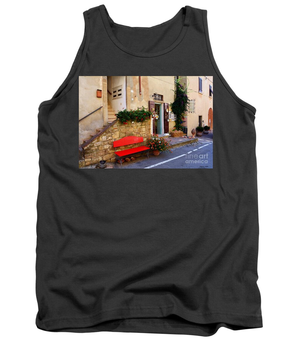Red Tank Top featuring the photograph La Bottega Small typical souvenir shop in Tuscany by Ramona Matei