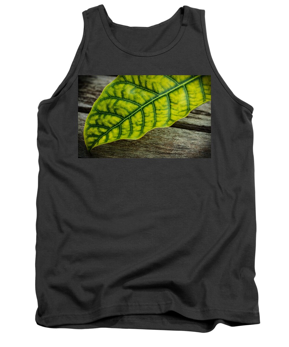 Leaf Tank Top featuring the photograph Leaf On Wooden Table by Marco Oliveira