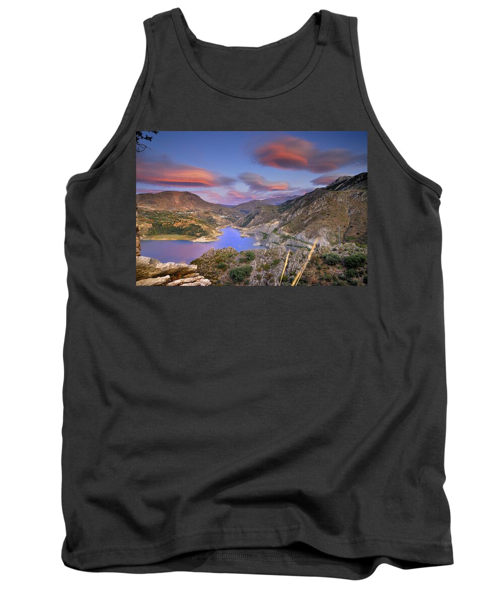 Sunset Tank Top featuring the photograph Lenticular clouds at the red sunset by Guido Montanes Castillo