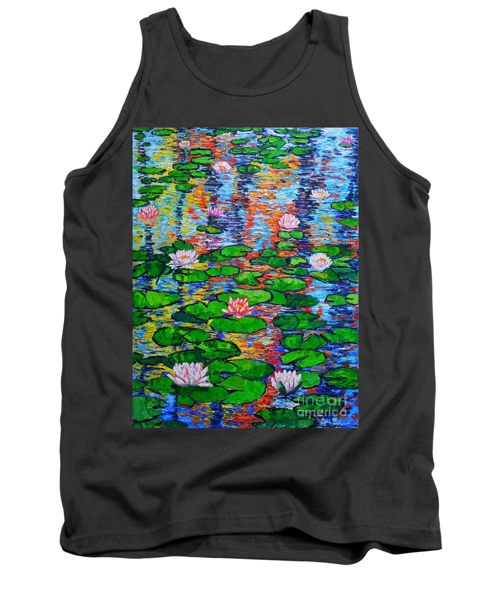 Lilies Tank Top featuring the painting Lily Pond Colorful Reflections by Ana Maria Edulescu
