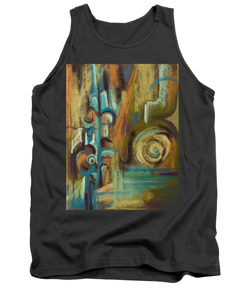 Abstract Muted Colors Turquoise Aqua Gold Orange Olive Spirals Orbs 60's Groovy Mid-century Modern Mad Men Tank Top featuring the pastel L'italiano by Brenda Salamone