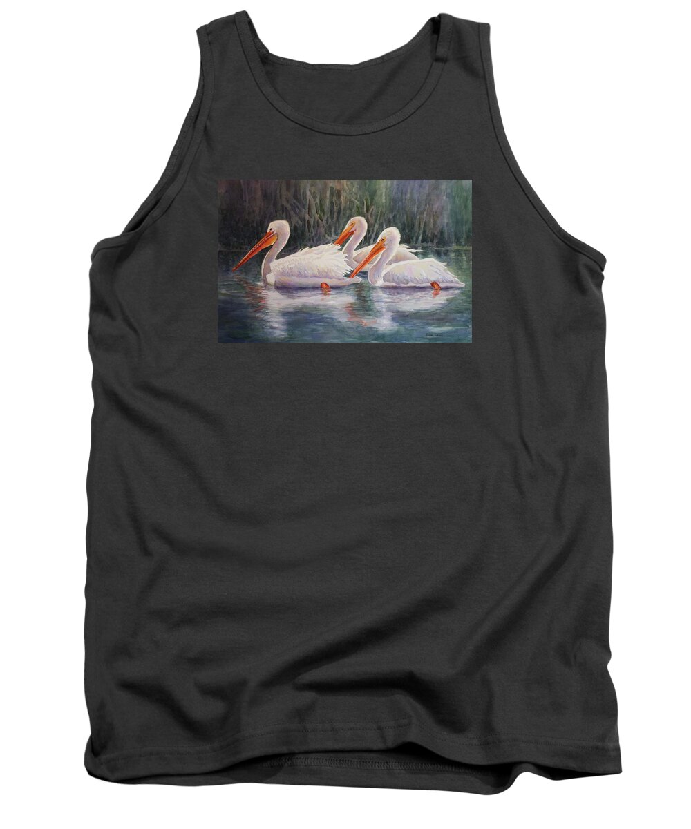 White Pelicans Tank Top featuring the painting Luminous White Pelicans by Roxanne Tobaison