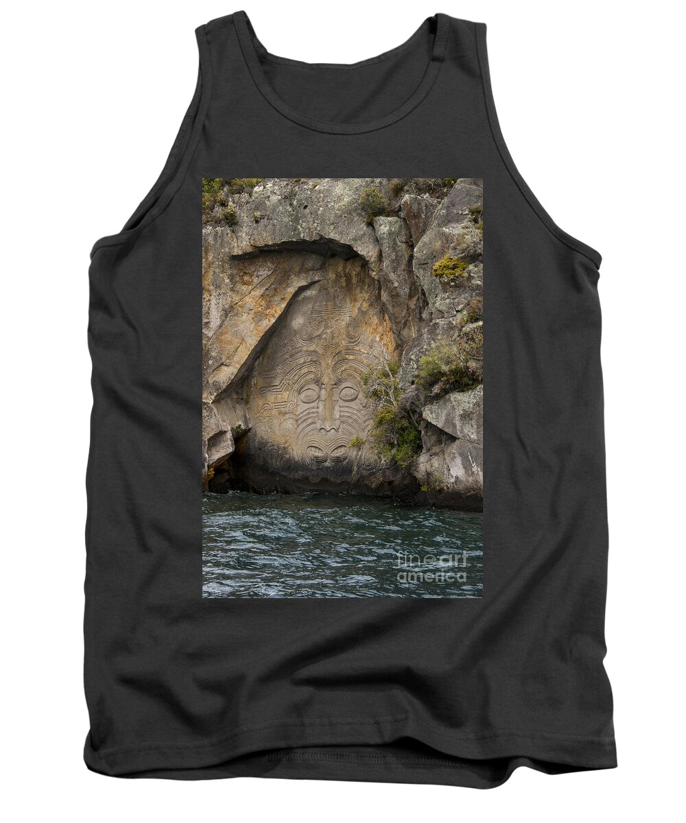 Lake Taupo Tank Top featuring the photograph Maori Rock Carving by Bob Phillips