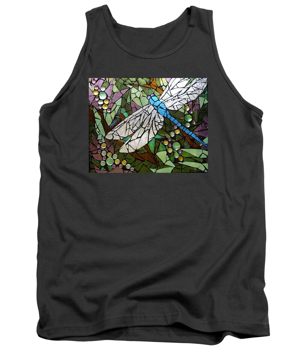 Stained Glass Tank Top featuring the glass art Mosaic Stained Glass - Blue Dragonfly 50/50 by Catherine Van Der Woerd