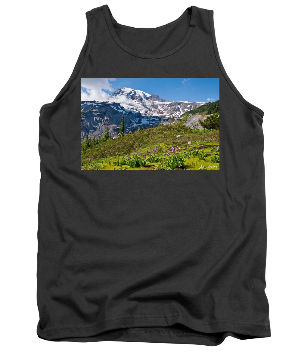Alpine Tank Top featuring the photograph Moss and Shooting Star on the Nisqually Moraine by Jeff Goulden