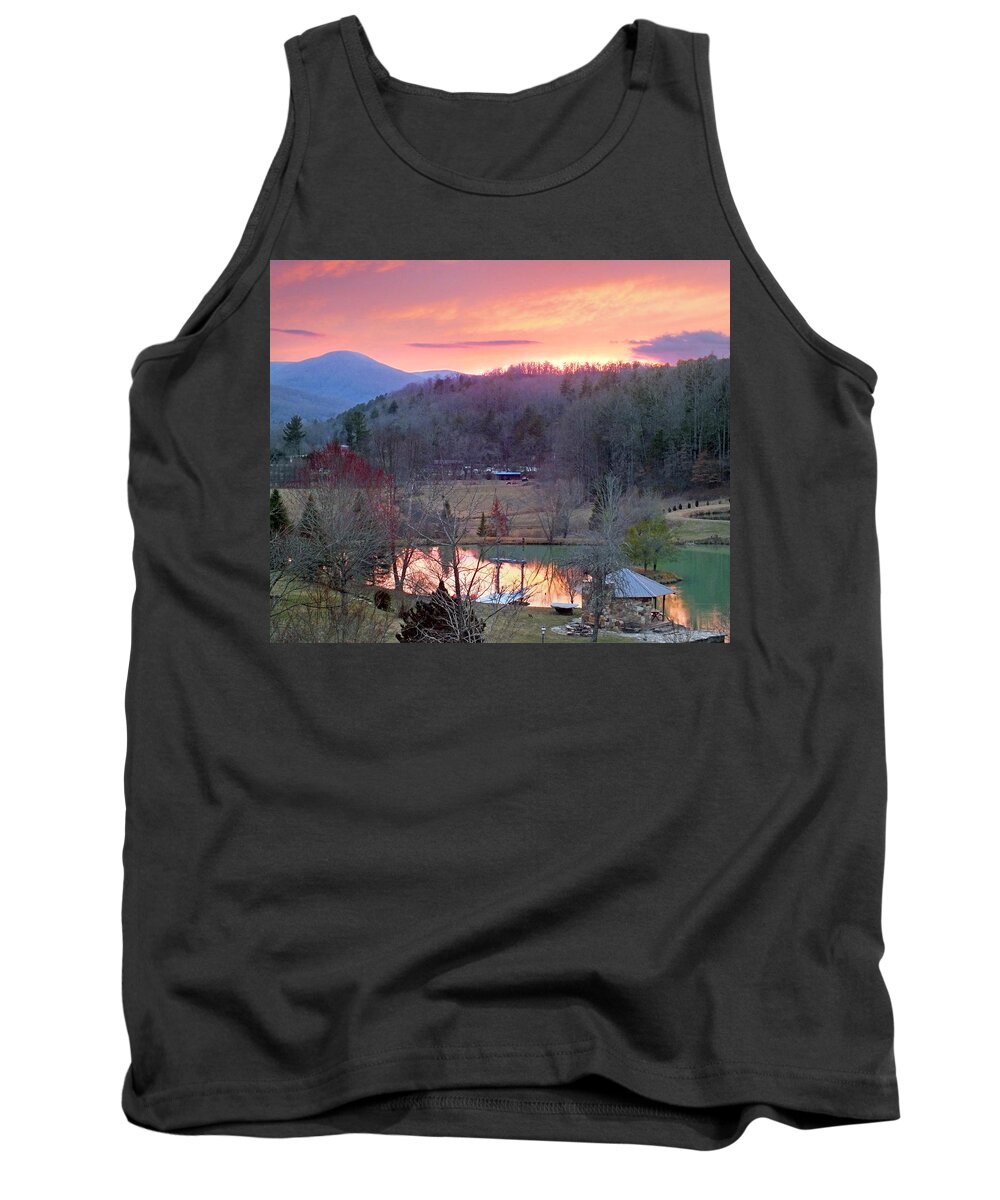 Landscapes Tank Top featuring the photograph Mountain Country Farm with Ponds at Sunset by Duane McCullough