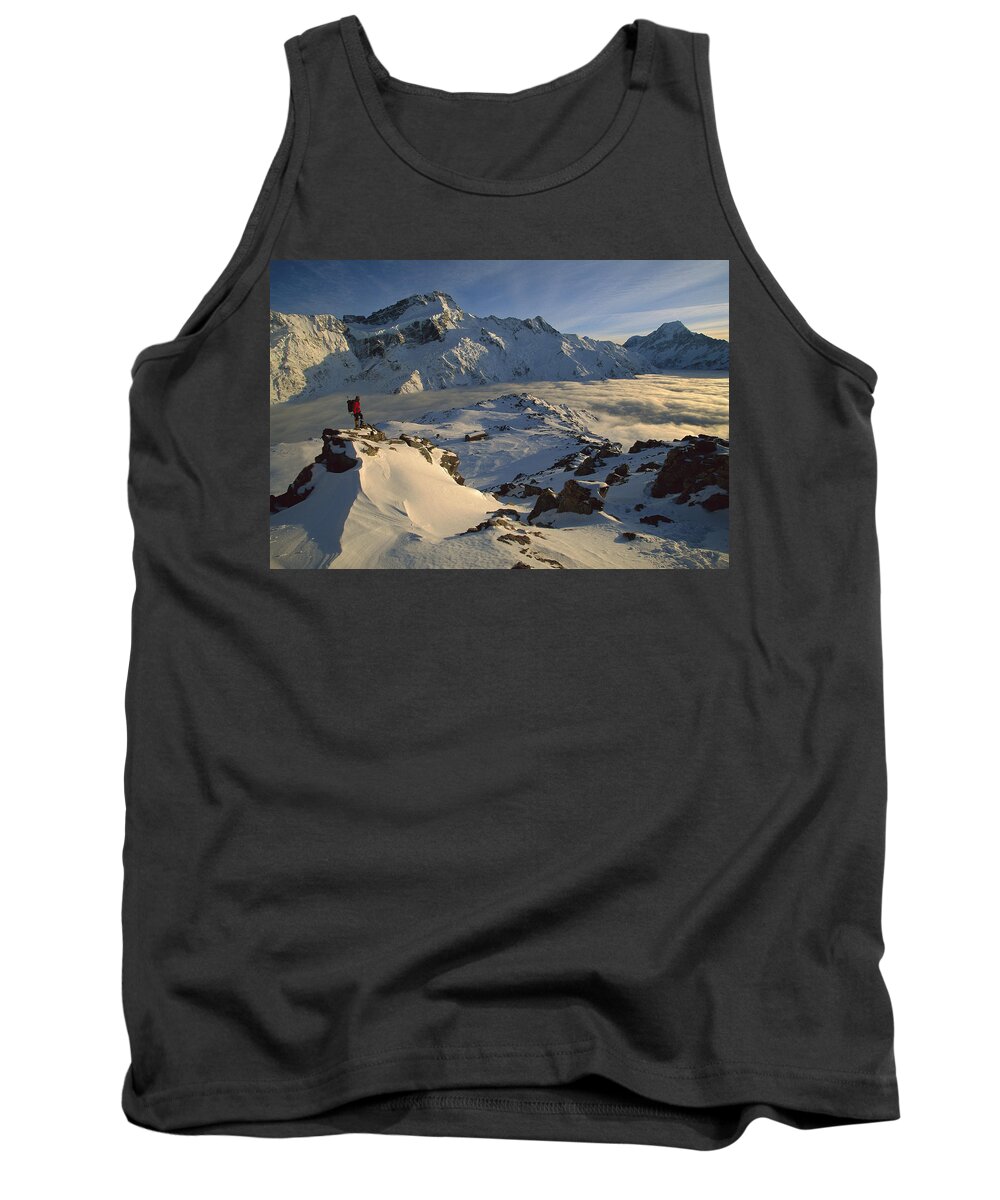 Feb0514 Tank Top featuring the photograph Mt Sefton Climber Above Mueller Glacier by Colin Monteath