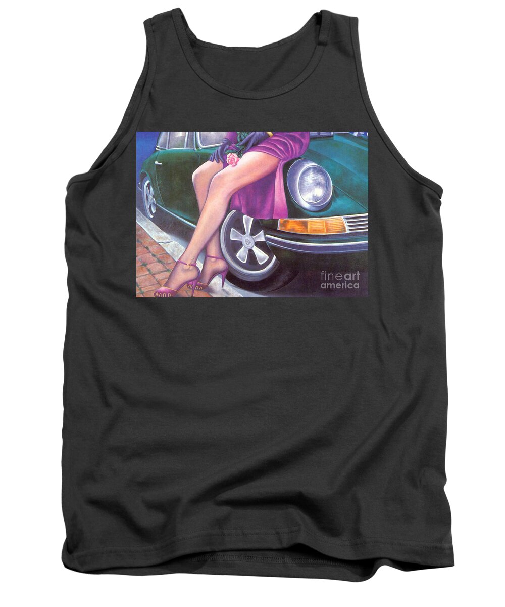 Feminine Tank Top featuring the painting Mystery on Peter's Porsche by Mary Ann Leitch