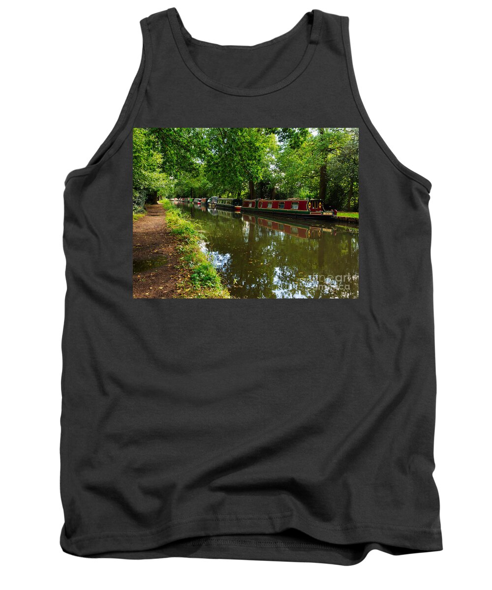 English Canal Tank Top featuring the photograph Narrowboats moored on the Wey Navigation in Surrey by Louise Heusinkveld