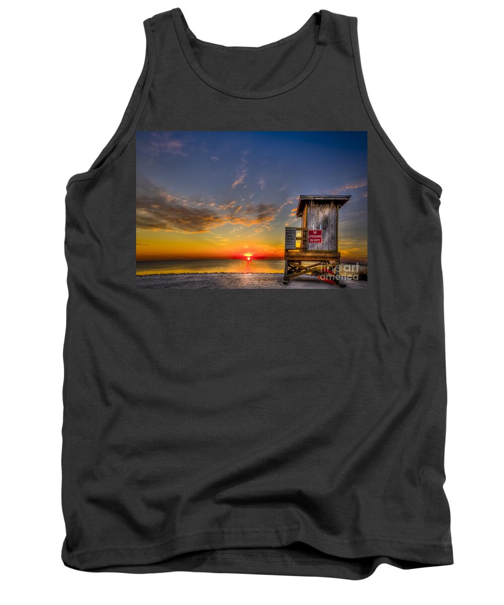 Gulf Of Mexico Sunset Tank Top featuring the photograph No Life Guard On Duty by Marvin Spates
