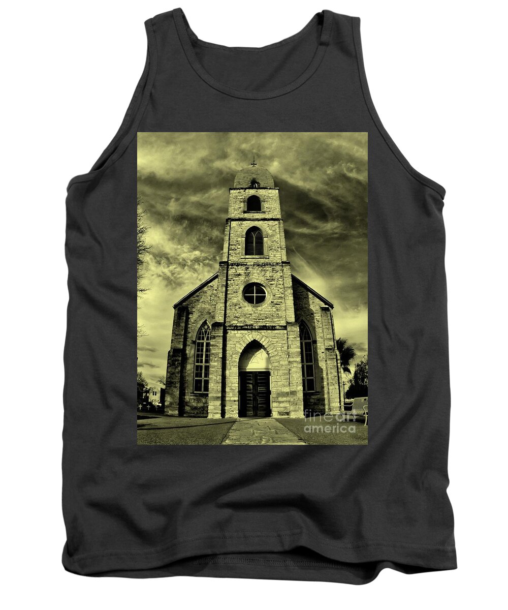 Michael Tidwell Photography Tank Top featuring the photograph Old St. Mary's Church in Fredericksburg Texas in Sepia by Michael Tidwell