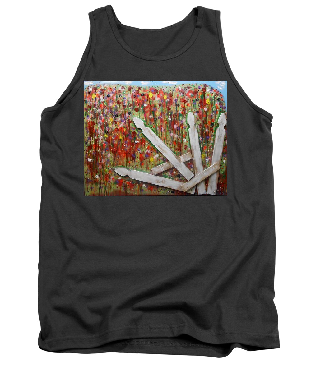 Abstract Tank Top featuring the painting Picket Fence Flower Garden by GH FiLben