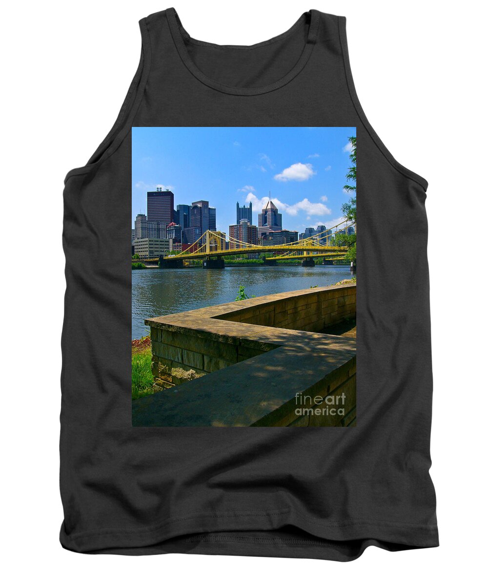 6th Street Bridge Tank Top featuring the pyrography Pittsburgh Pennsylvania Skyline and Bridges as seen from the North Shore by Amy Cicconi