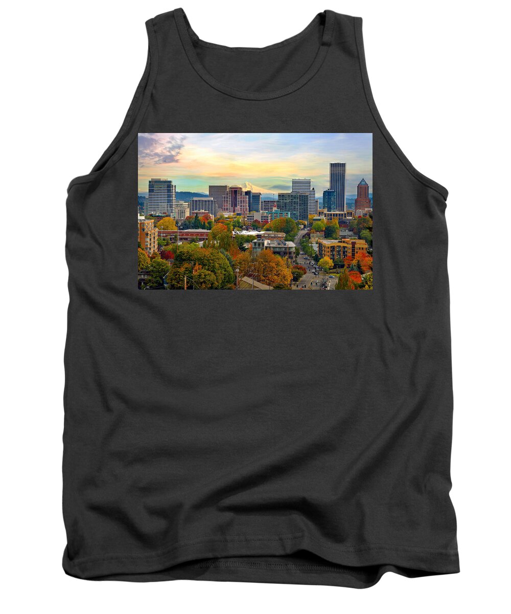 Portland Tank Top featuring the photograph Portland Downtown Cityscape in Fall by David Gn