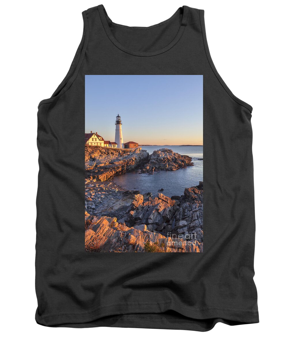 Cape Elizabeth Tank Top featuring the photograph Portland Head light lighthouse at sunrise Maine by Ken Brown