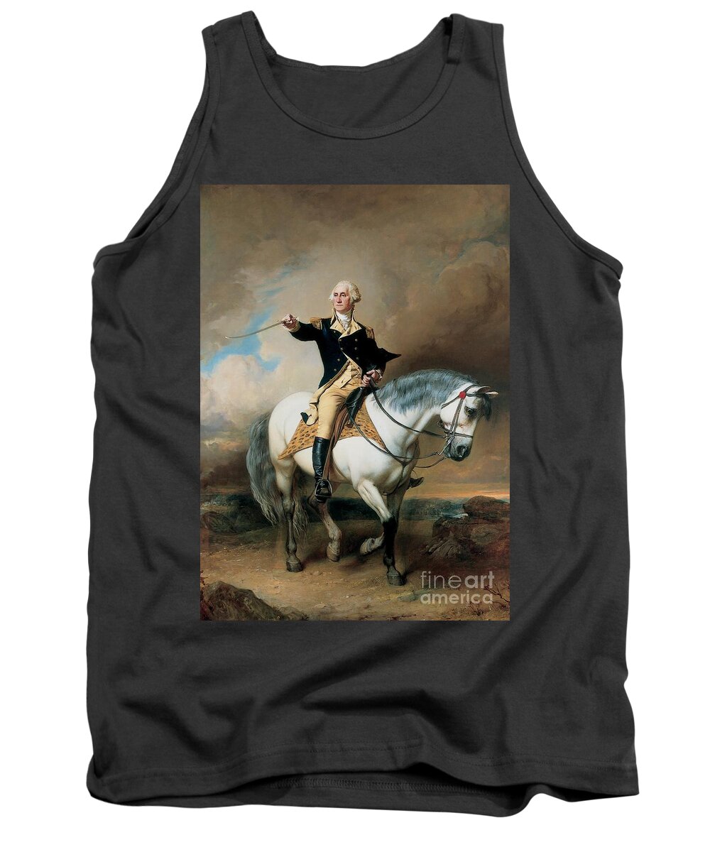 Portrait; War; Full Length; Equestrian; Salute; Saluting; Trenton; History; Historical; Heroic; Horse; Mounted; Horseback; Riding; Commander; Independence; President; Politician; Statesman; Us; Usa; United States; America; American; Leader; George Washington; Landscape; Sword; Uniform; Uniformed; Dramatic; Leadership; Strength; Power; 18th Tank Top featuring the painting Portrait of George Washington Taking The Salute At Trenton by John Faed