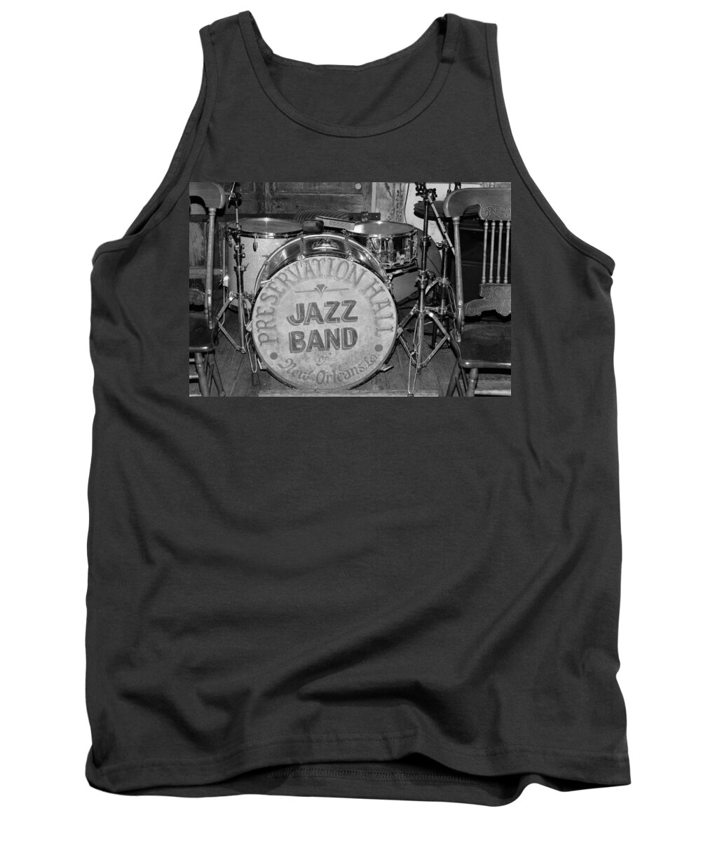 Preservation Hall Tank Top featuring the photograph Preservation Hall Jazz Band Drum BW by Bradford Martin