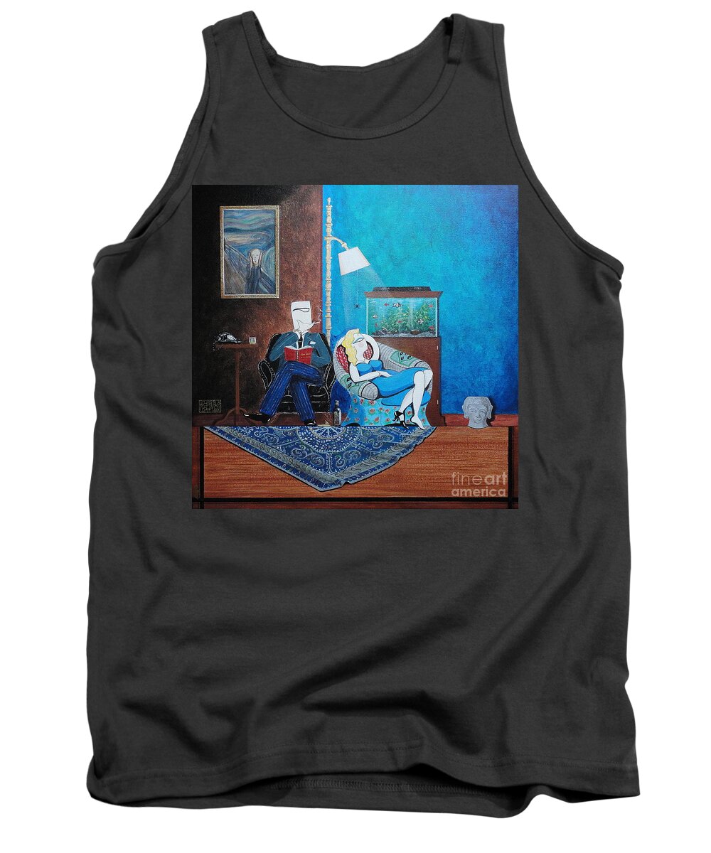 Johnlyes Tank Top featuring the painting Psychiatrist Sitting in Chair Studying Spider's Reaction by John Lyes