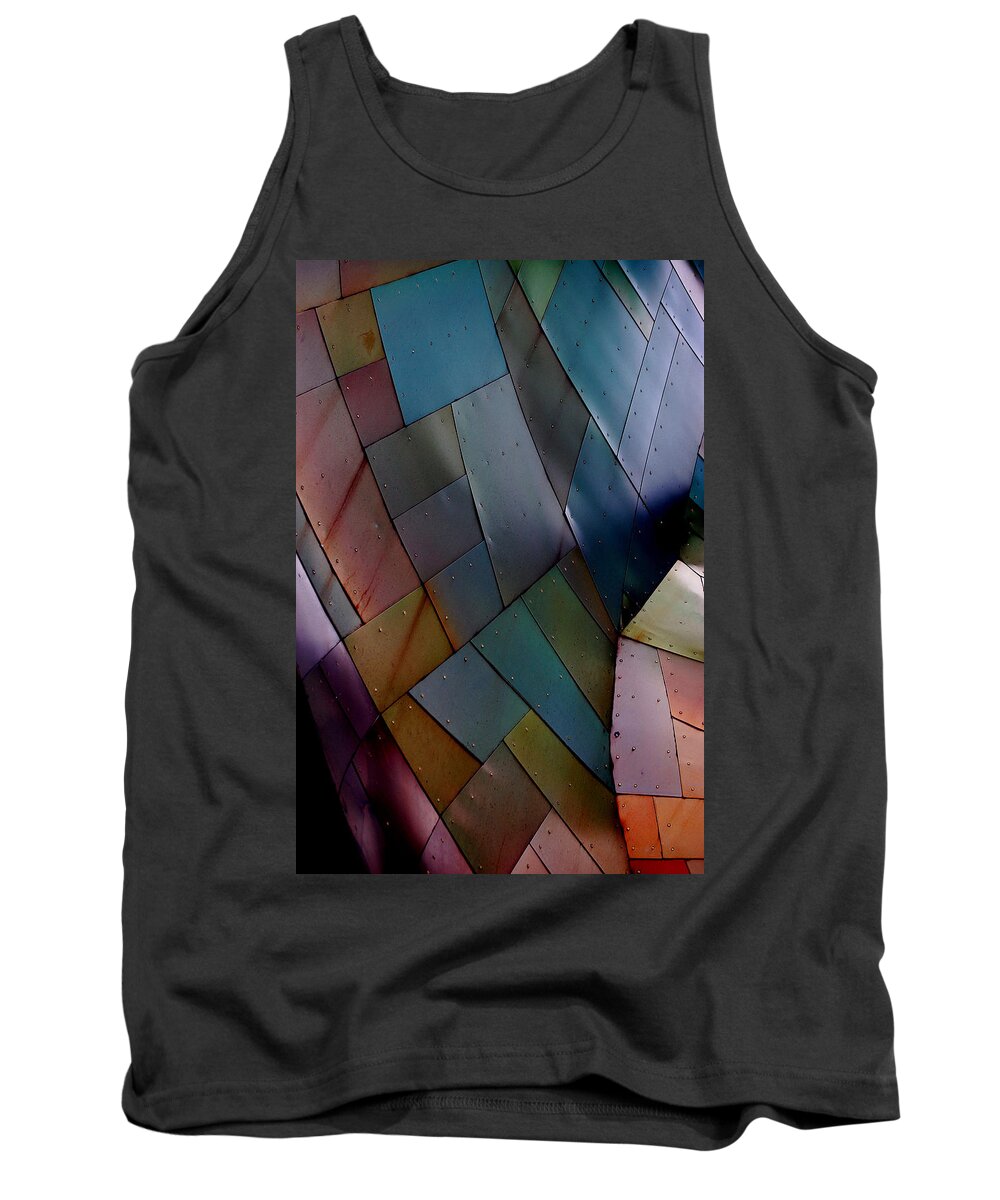 Blue Green Orange Yellow Lime Pink Red Purple Violet Shingles Copper Experience Music Project Seattle Wa Tank Top featuring the photograph Rainbow Shingles by Holly Blunkall