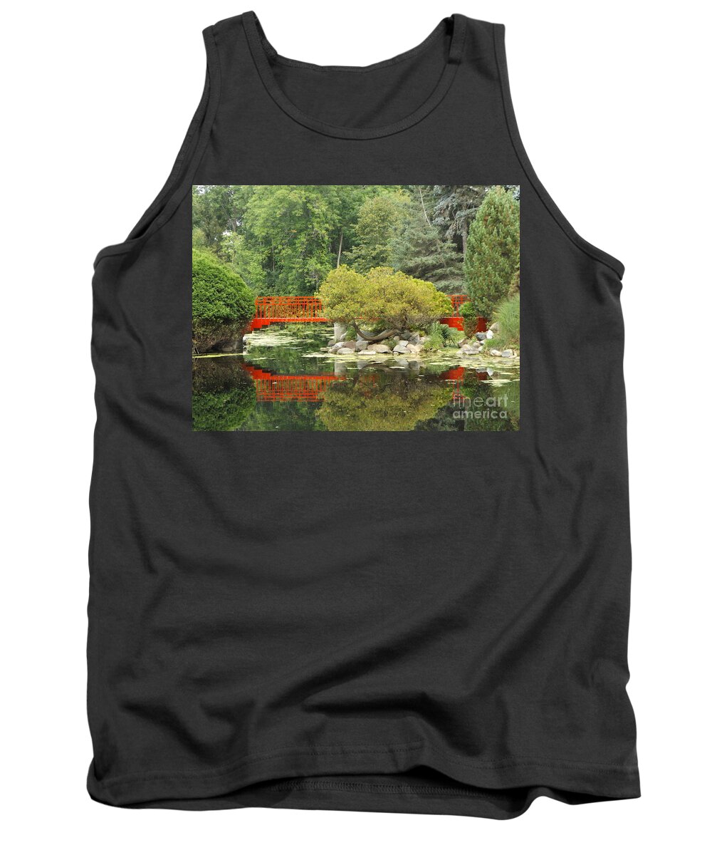 Red Tank Top featuring the photograph Red Bridge Reflection in a Pond by Erick Schmidt
