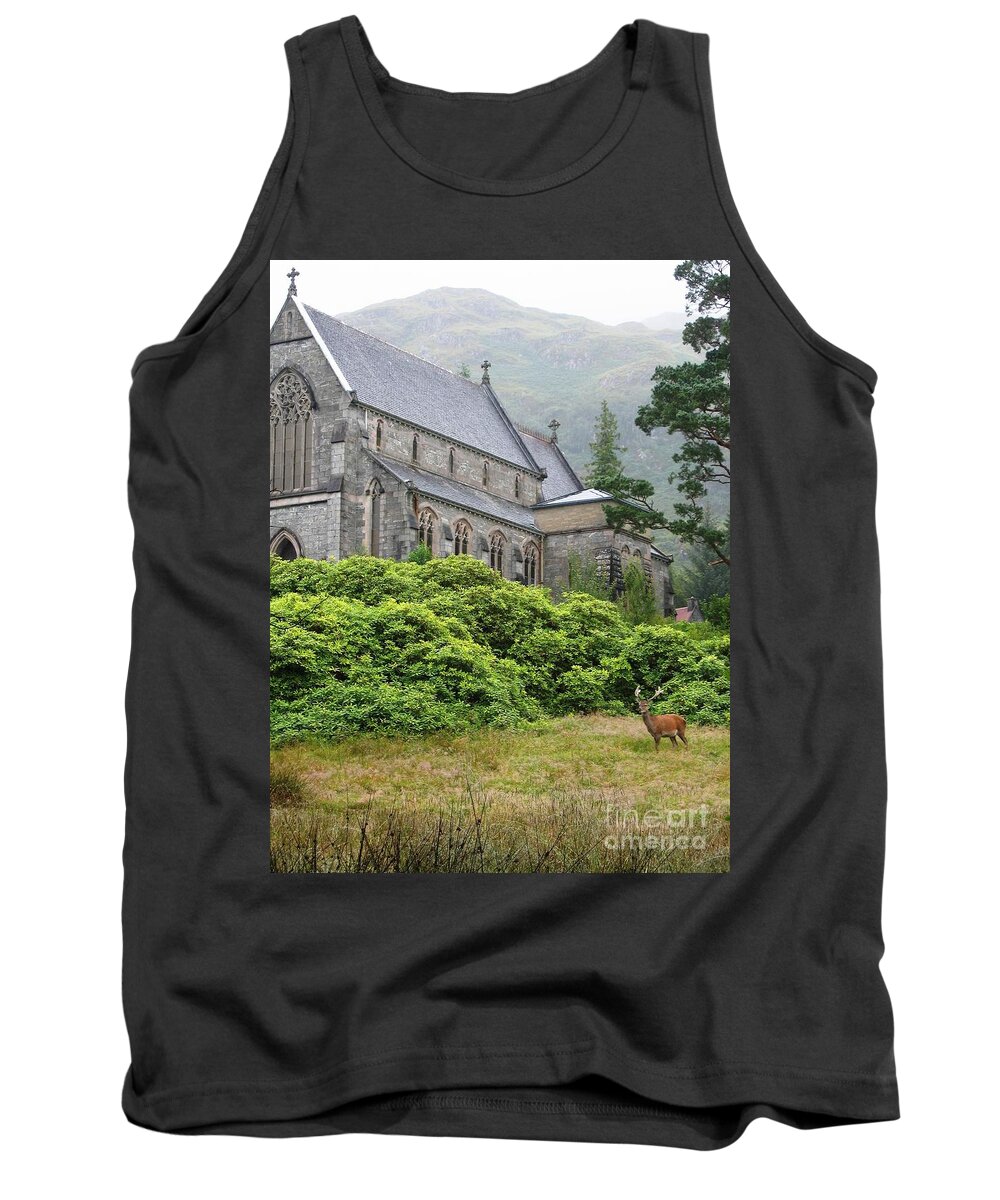 Scottish Highlands Tank Top featuring the photograph Red Deer And Church by Denise Railey