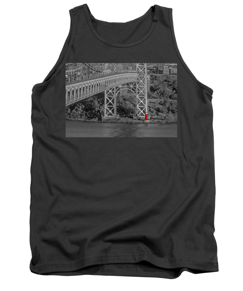 Autumn Tank Top featuring the photograph Red Lighthouse And Great Gray Bridge BW by Susan Candelario