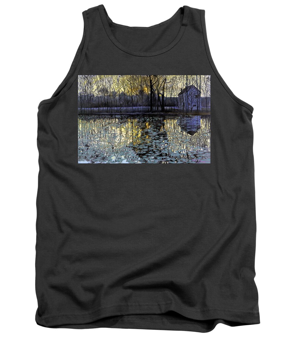 Landscape Painting Water Lilies Tank Top featuring the painting Reflections of Twilight by David Zimmerman