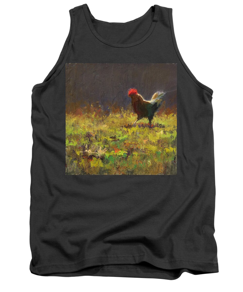 Rustic Painting Tank Top featuring the painting Rooster Strut - Impressionistic Chicken Landscape - Abstract Farm Art - Chicken Art - Farm Decor by K Whitworth