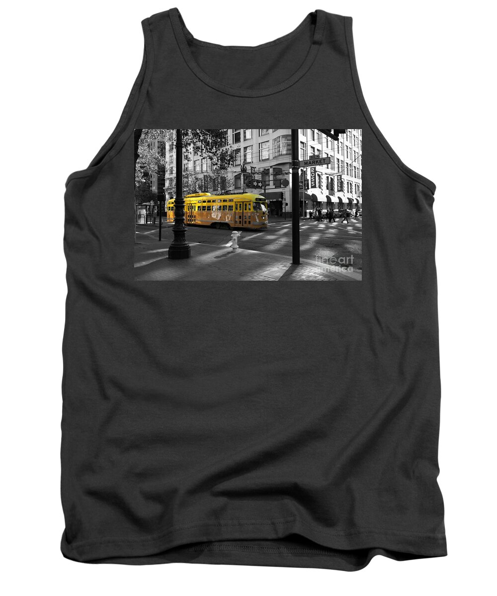 San Francisco Tank Top featuring the photograph San Francisco Vintage Streetcar on Market Street - 5D19798 - Black and White and Yellow by Wingsdomain Art and Photography