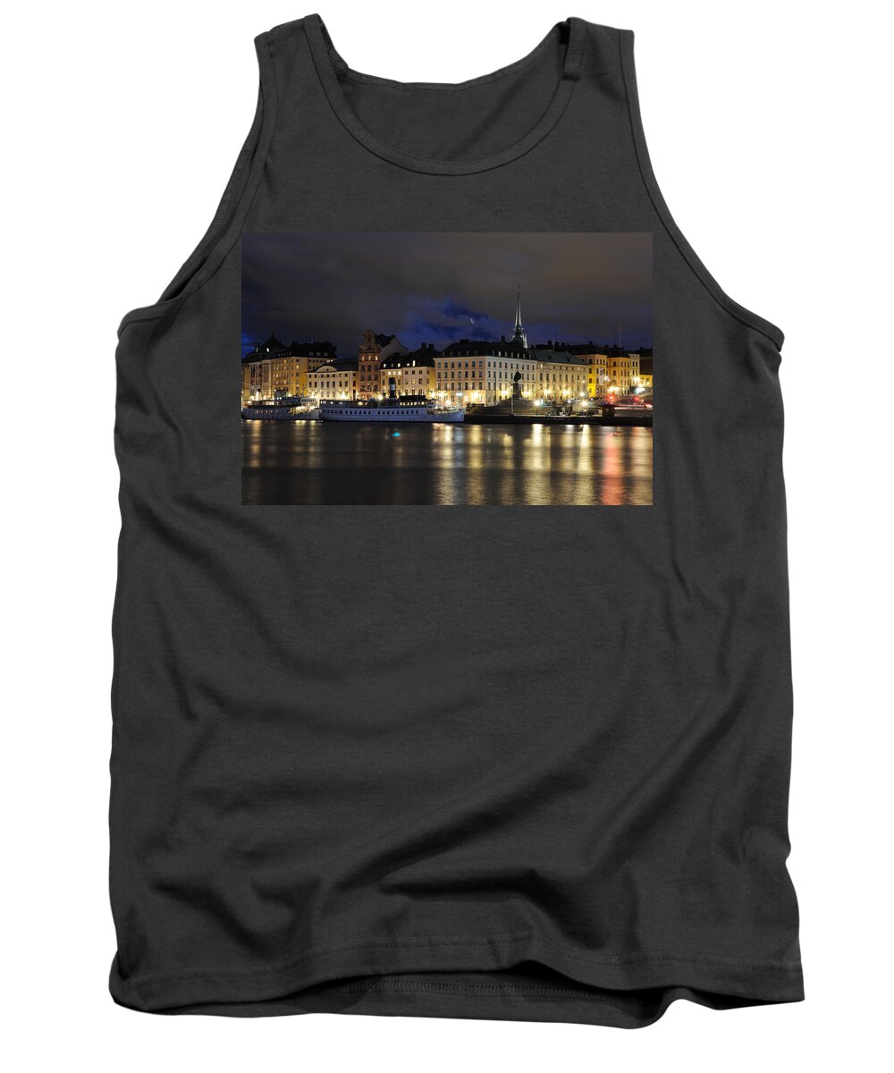 : Night Tank Top featuring the photograph Skeppsbron at night by Jeremy Voisey